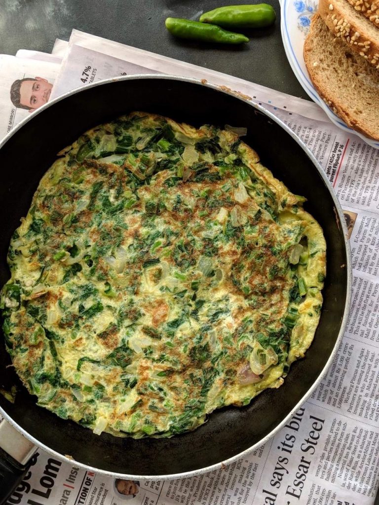 Spinach Omelette - A greens loaded delicious omelette for an anytime meal