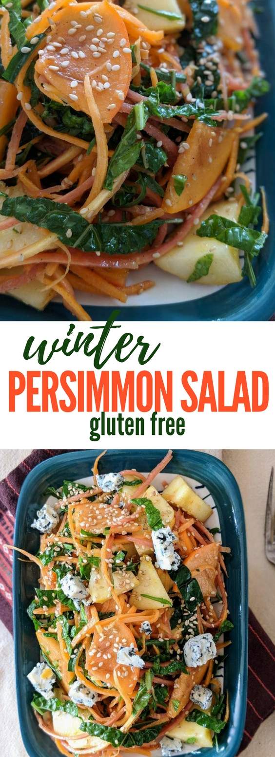 An easy persimmon salad made using seasonal winter produce - naturally gluten free and vegan option easily possible by omitting the cheese